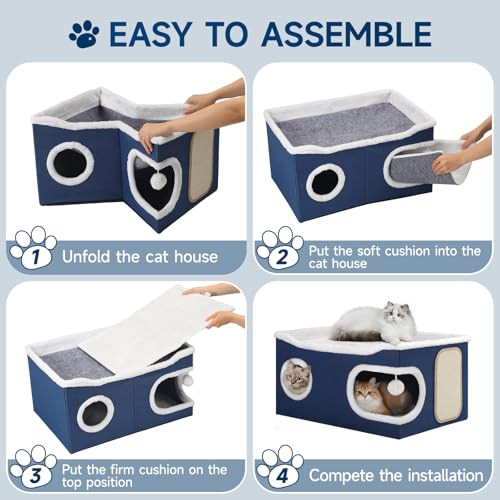 Extra Large Cat House Bed for Multi Cats with Scratch Pad Blue (Blue / Extra Large)