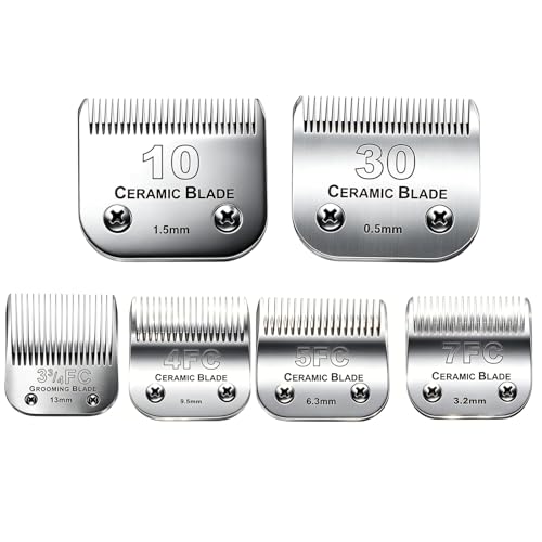 6Pack 10Blades Dog Grooming Blades Compatible with Andis Clipper (#10+30+5fc+7fc+3fc+4f)
