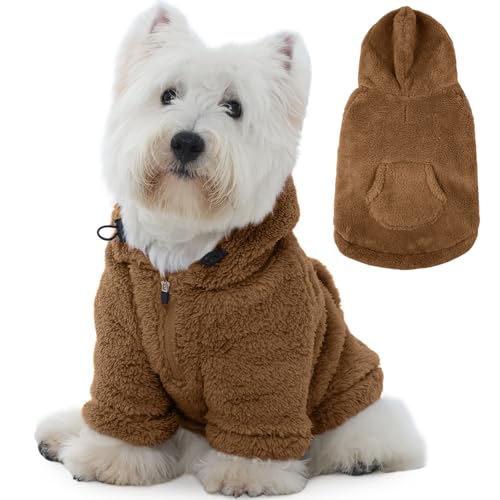 Fuzzy Dog Sweater with Adjustable Hood & Harness Hole (Small / Brown)