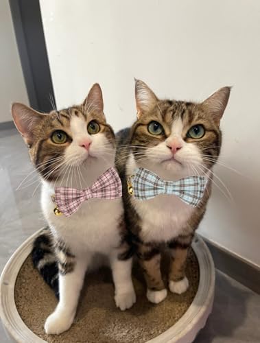 2 Pack Soft Cotton Cat Collars with Bowtie and Bell Breakaway Plaid Cat Kitten Collar (S:Neck 7.0" - 11.0" / Plaid - Pink+Jade Green)