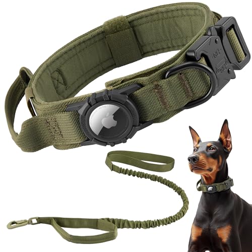 Tactical AirTag Dog Collar Leash Set (L(16.5"-20.5") / Green-SET)