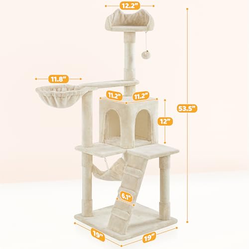 Cat Tree 54in Tall Cat Tower for Indoor Cats with Extended Platform & Basket (Beige)