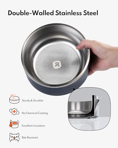 Dog Bowls Durable Dishwasher Safe Double Wall Metal Insulated Stainless Steel Food Water Bowls with Non (32oz / Navy)