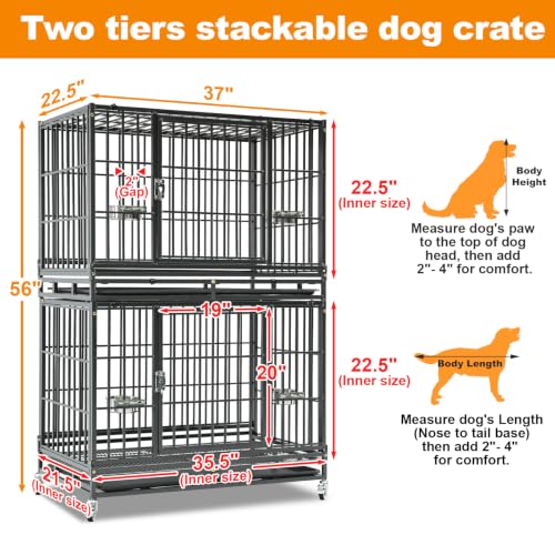 37" Two Tier Heavy Duty Stackable Dog Crate with Wheels (37.0"L - 2 Tiers - 1P)