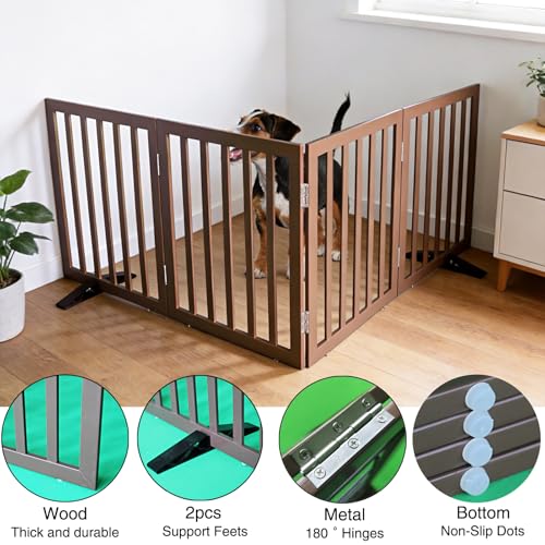 Freestanding Indoor Dog Gate for House Foldable Wood Puppy Gate for Doorways Pet Gate for Stairs Extra Wide Pet Fence (Brown / 【4 Panels】80''w x 32''h)