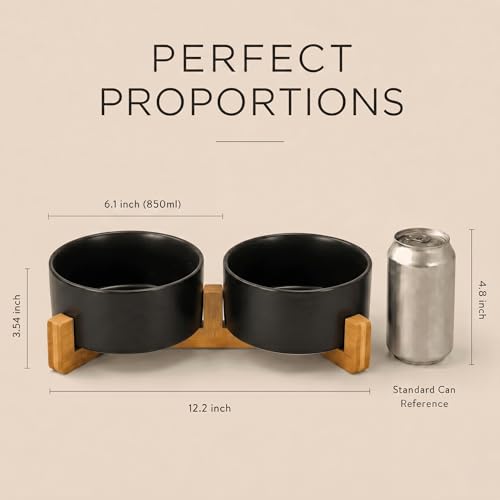 Ceramic Dog and Cat Bowl Set with Wooden Stand (3.6 cups / Black × 2)