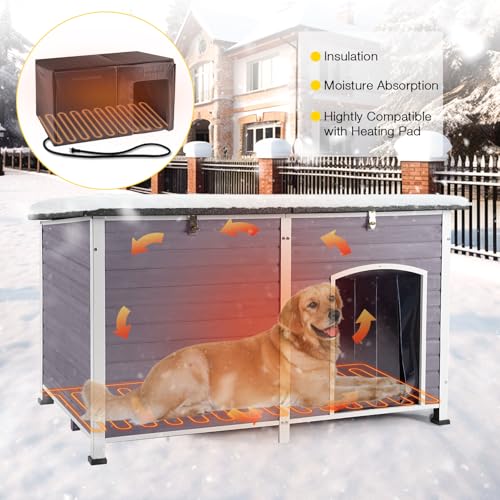Heated Dog House with Electric Heating Pad Extra Large 59.1" Outdoor & Indoor Dog Kennl with Insulated Liner Keep Warm in Winter (59.1"Grey(Heating pad))