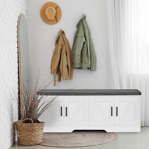 Farmhouse Shoe Storage Bench with 4 Barn Doors & Padded Seat Cushion (White / 47.2" Wide)