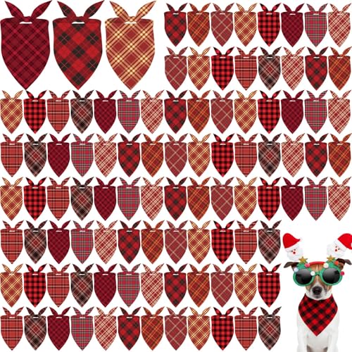100 Pcs Christmas Red Plaid Dog Bandanas Bulk for Medium Holiday (Red Plaid / 25.6 x 17.7 x 17.7 Inch)
