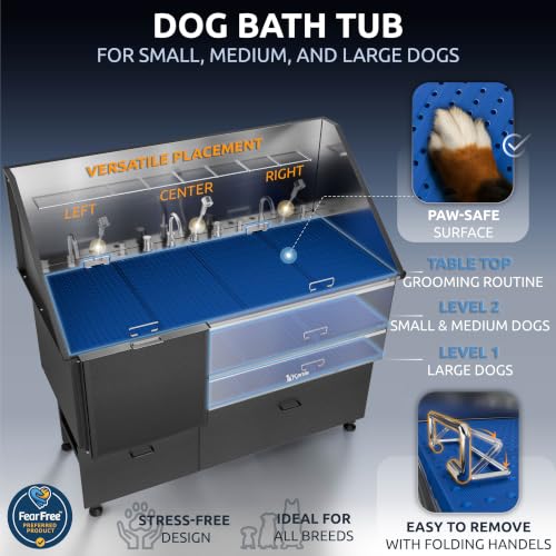 Professional Dog Washing Station 304 Stainless Steel Pet Wash Sink (Black, Left Ramp, 2 Drawer / 61 Inches)