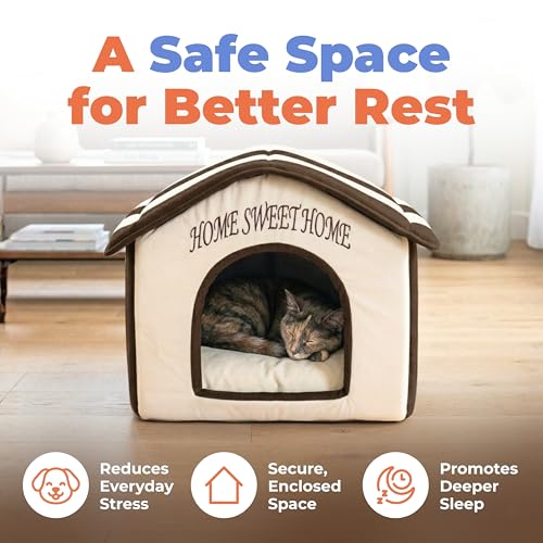 Cat Bed for Indoor Cat (Beige w/ Brown Stripes / 16" x 16" x H:14")