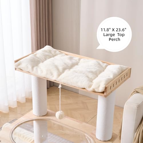 Modern Natural Wooden Wood Cat Tree Tower Condo (57 Inches - Solid Wood)