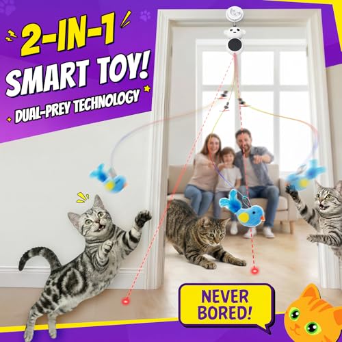 2-in-1 Interactive Laser Pointer Cat Toy & Flying Bird Wand for Indoor Cats (White)