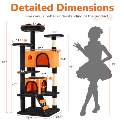 54 inch Cat Tree Tower with Scratching Posts (Black & Orange / 54IN)