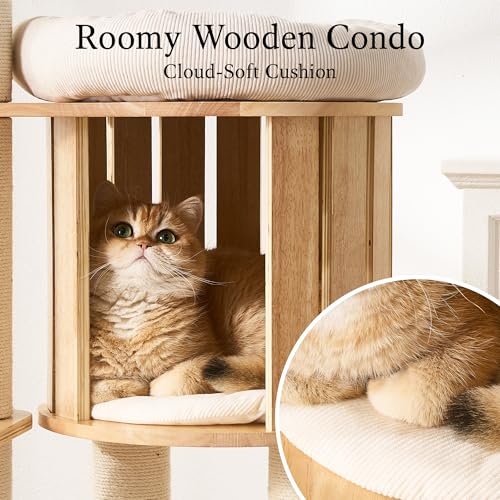 Wood Modern Cat Tree (62 Inch-Turntable-White)
