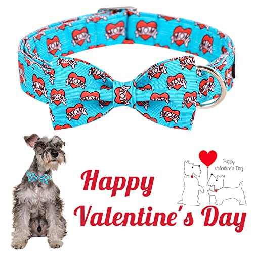 Valentine's Day Dog Collar with Bow Tie Blue Heart Puppy Collar Best Gift for Small Medium Large Boys Girls (Large / Blue MoM Love)