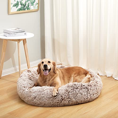 Calming Fluffy Donut Dog Bed for Large Dogs (36.0"L x 36.0"W x 8.0"Th / Brown)