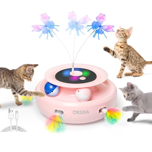 Cat Toy, 3-in-1 Automatic Interactive Electronic Moving Ambush Feather, Fluttering Butterfly, Track Balls, USB Rechargeable Powered Smart Indoor Exercise Kicker (Pink)