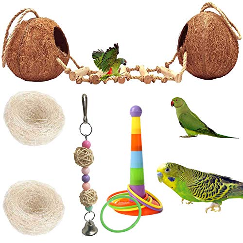 5PCS Bird Hides Coconut Nest with Ladder Perches Hanging Parrot House Cage Natural Coconut Fiber Parakeet Chewing Toys Intelligence Training Rings for Small Budgies Cockatiels