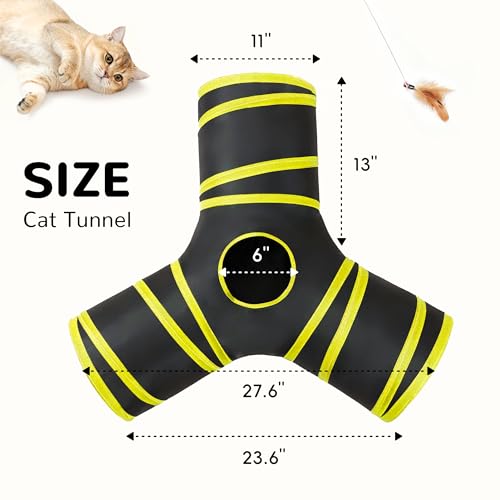 Cat Tunnel, 3-Way Collapsible Toy for Indoor Cats, Black & Yellow (Black & Yellow / Small)