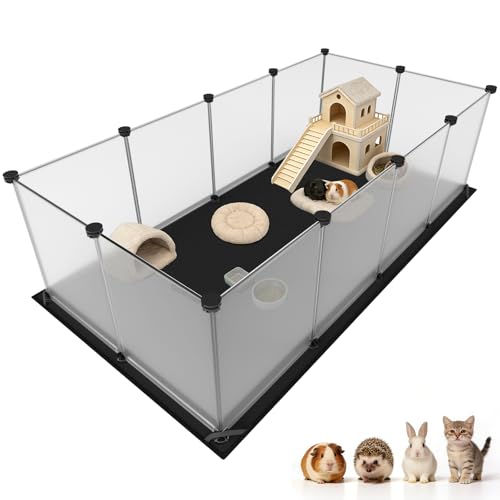 Guinea Pig Cage with Waterproof Mat & 12 Transparent Panels (12 Panels with flat mat / Black)