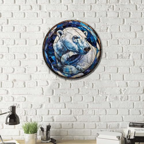 Metal Sign Tin Sign Circular Stained Glass Polar Bear2 Funny Sign for Garage 8×8 Inches (8×8 Inches / Polar Bear-3)