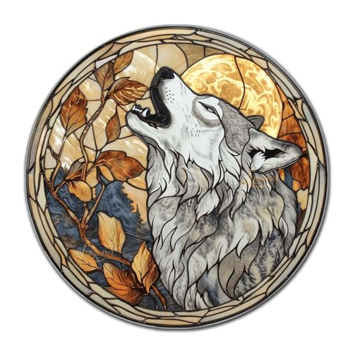 Metal Sign Tin Sign Circular Stained Glass Gray Wolf Bathroom Signs for Home for Club 12×12 Inches (12×12 Inches / Gray Wolf-2)
