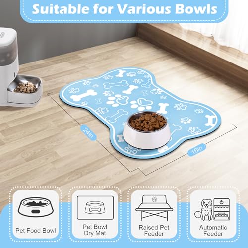 Dog Cat Mat for Food and Water (24"L x 16"W / Bone Shaped Blue)