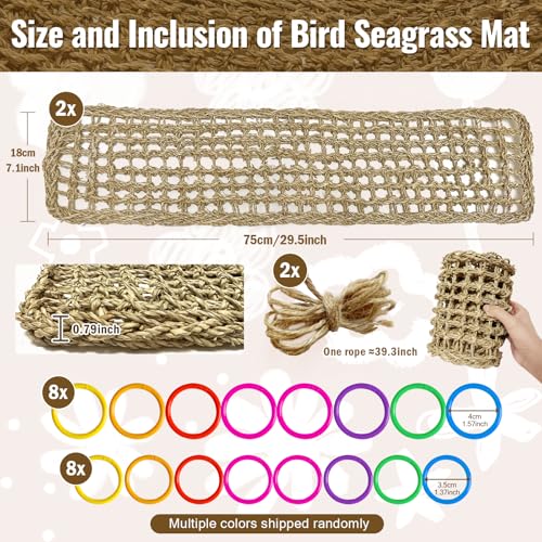 2Pcs 29.5 x 7 inches Large Bird Seagrass Mat Grass Woven Net Parrot Hammock Mat Parakeet Climbing Rope Ladder with Hooks Bird Cage Accessories for Conure Cockatiel Budgie Macaw Bearded Dragon (2PCS)