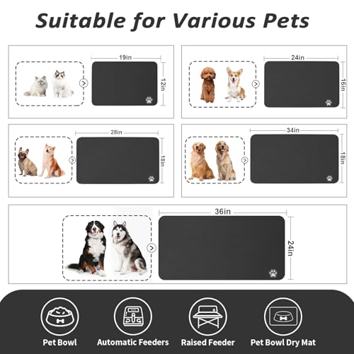 Dog Food Mat Absorbent Cat Mat for Food and Water (Paw Black / 24"L x 16"W)