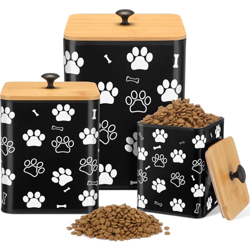Airtight Dog Treat Container Set of 3 with Bamboo Lids Metal Treat Jars for Countertop Decorative Pet Snack Food Storage Canister Kitchen Biscuit Holder (Black)