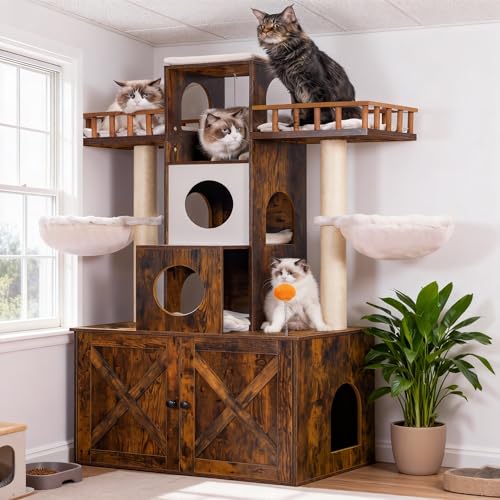 Cat Tree with Litter Box Enclosure for Indoor Big Cat HCT110SR (Rustic Brown / 60 inch)