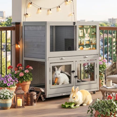2 Story Wooden Rabbit Hutch for Outdoor & Indoor