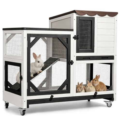 Rabbit Hutch Indoor Outdoor Bunny Hutch on Wheels (Black ＆ White)