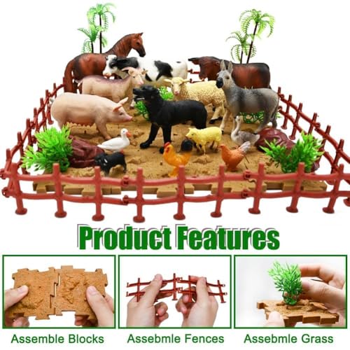 53 Piece Farm Animal Figures Toy with Fence & Building Blocks for Toddlers (Farm Animals Playset)