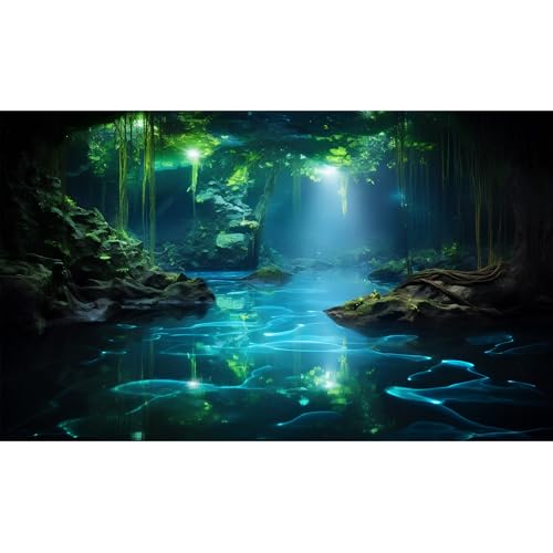 Cave Aquarium Background Underwater Cave with Light Beam Tranquil Stream Terrarium Background Mysterious Elegant Fantasy Tropical Plants Fish Tank Backdrop Wallpaper Poster Decorations Vinyl 72x18in (72(W)x18(H)in / Green)