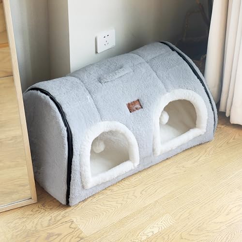 Cat Bed for Indoor Cats (Grey / Double hole bed:(27.5"×15.3"×15"))