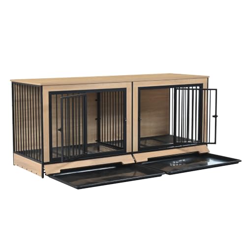 XL Double Dog Crate Furniture for Large Dogs Two Room Kennel with Trays (121 Inch Natural)
