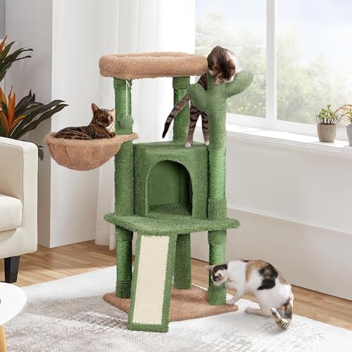 42in Green Cactus Cat Tree Tower with Scratching Posts and Condo (Green & Brown)