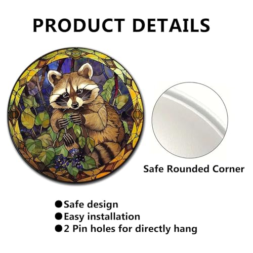 Metal Sign Tin Sign Circular Stained Glass Raccoon Minimalist Wall Art for Club 8×8 Inches (8×8 Inches / Raccoon-2)