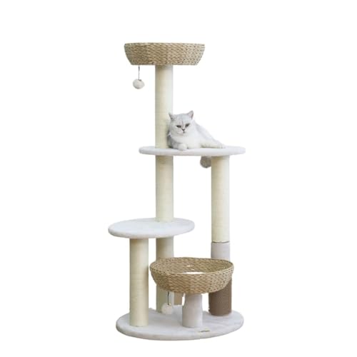 Handwoven Cat Tree with 2 Basket Beds & Sisal Scratching Posts (Beige)