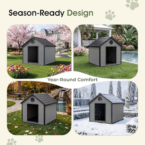Extra Large Giant Dog House Outdoor Indoor for Large Dogs Durable Plastic Waterproof Doghouse with Air Vents and Elevated Floor Easy Clean and Assemble (Black / 42"D x 44.5"W x 42"H)