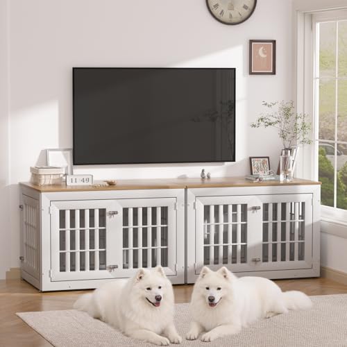42" Heavy Duty Dog Crate Furniture for Large (42.1"L x 28.7"W x 28.5"H / White+Wood)