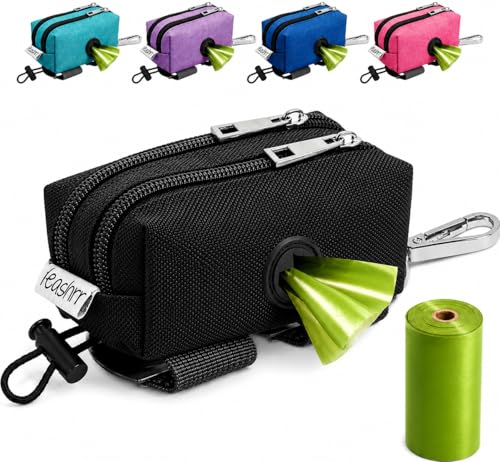 Dog Poop Bag Holder for Leashes and Treat Holder with 2 Waterproof Pouches (Black)