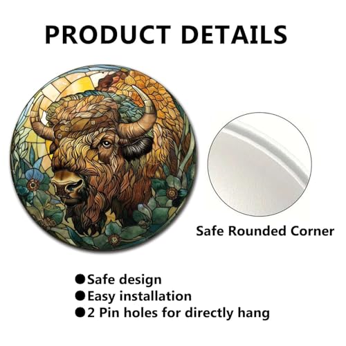 Metal Sign Tin Sign Circular Stained Glass American Bison Greenhouse Decor for Restaurant 8×8 Inches (8×8 Inches / American Bison-1)