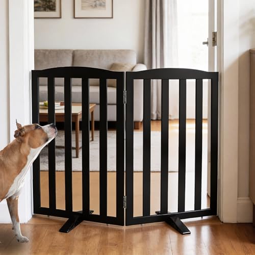 Foldable Freestanding Indoor Dog Gate for House Wood Long Pet Gates Dog Fence for Stairs Puppy Gates for Hallways (Black / 【2 Panels】40''w X 32''h)