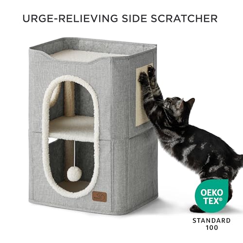 2 Story Cat House for Indoor Cats with Scratch Pad (Grey / Double)