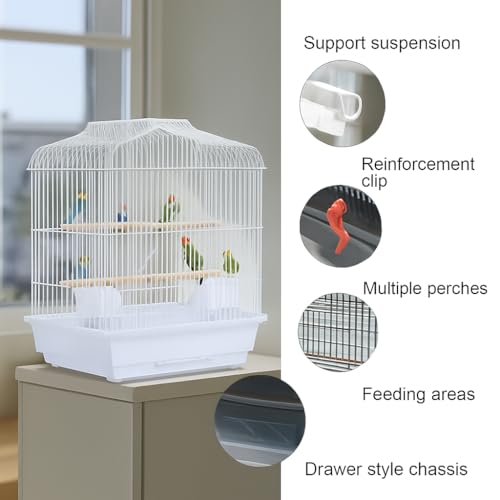 Travel Bird Cage 20.5×18.1×14.2 in Portable Birdcage with Handle and Perches for Small Parrots Canaries Cockatiels Lovebirds Finches Budgies Conures (white)