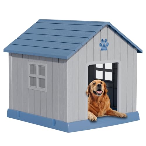 Dog House Indoor Outdoor for Small to Large Sized Dogs 38'' Resin Outdoor Dog House with Ventilation Waterproof Puppy Shelter with Elevated Floor (Blue / 37.8'' * 40.87'' * 38.82'')