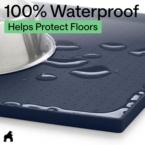 Dog Food Mat 100% Waterproof Silicone (Navy / 18.5"l X 11.5"w)